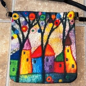 Bright & Colorful Artistic Crossbody Bag Village Zipper Closure Black Interior
